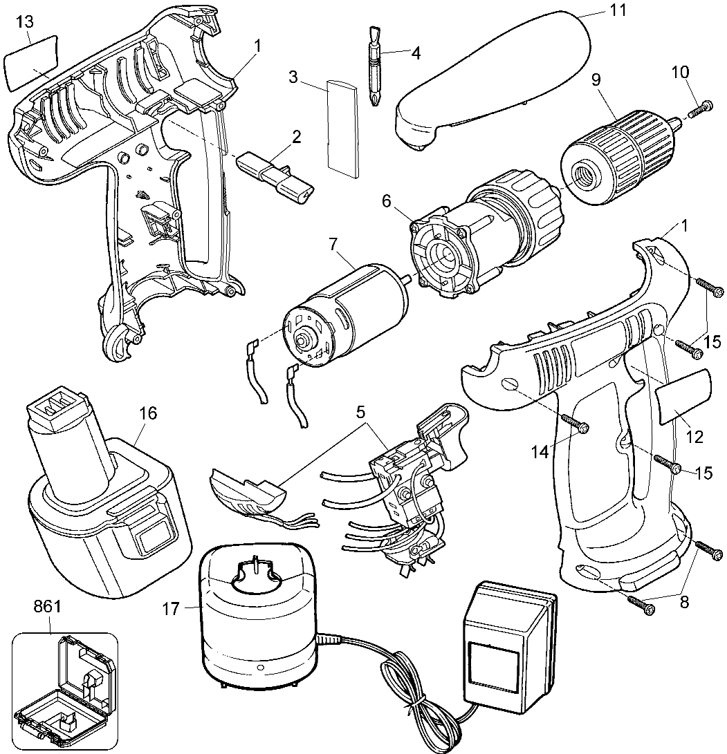 Default Diagram and Parts List for Q180K Type 1 Black and Decker Boring Machine